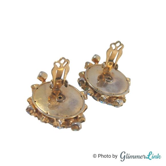 Vintage AB Aurora Borealis & White Stone Cluster Gold Tone Clip On Earrings - Picture 7 of 10